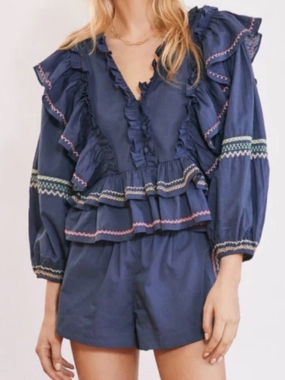 Something Navy Audrey Embroidered Ruffle Top